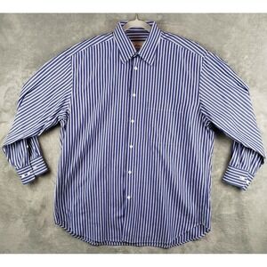 Brioni 100% Cotton Dress Button Shirt Blue White Stripe Made in Italy Mens Large